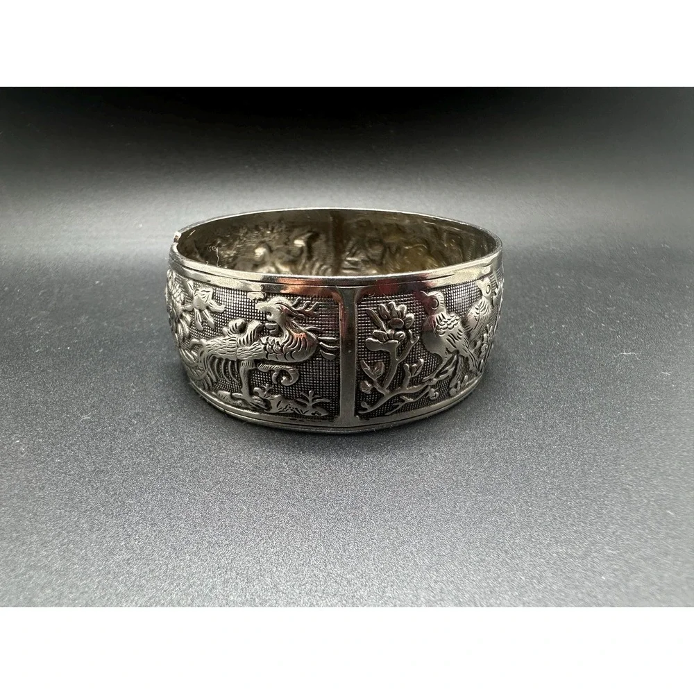 Antique Miao Silver Cuff Bracelet Late 1800s Handmade Talisman Of Eternal Love